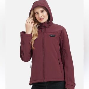 NEW PTAHDUS Womens 5 Zone Heated Jacket With Battery Kit Size XL Maroon Hooded